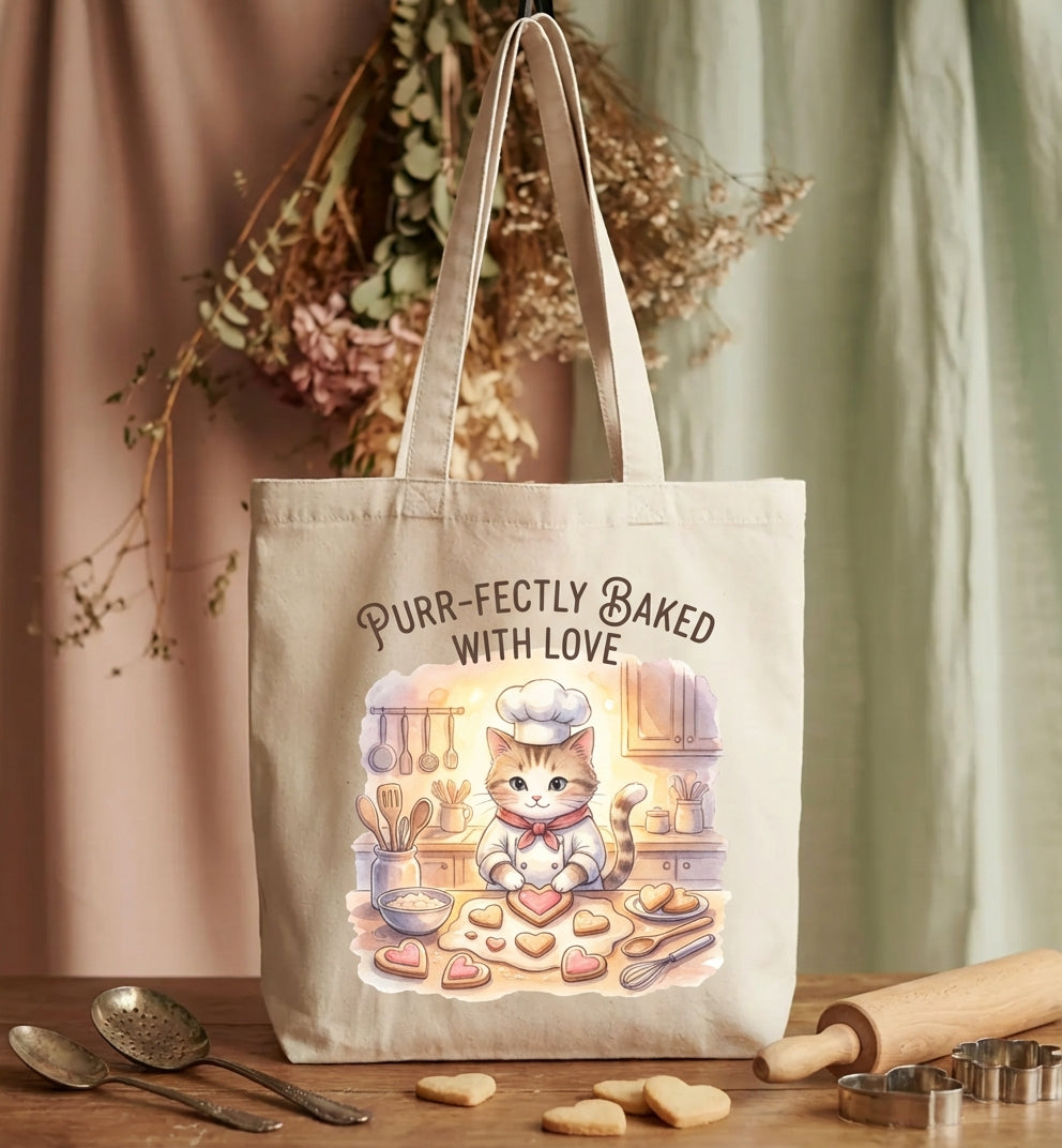 Purr fectly Baked with Love Cat Chef Canvas Tote Bag