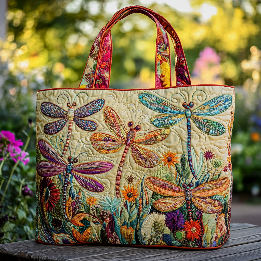 Colorful Dragonflies And Flowers Quilted Handbag Animal print