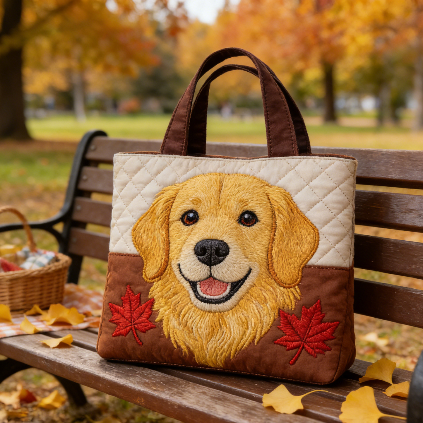 Stitched Golden Pup Quilted Tote Bag