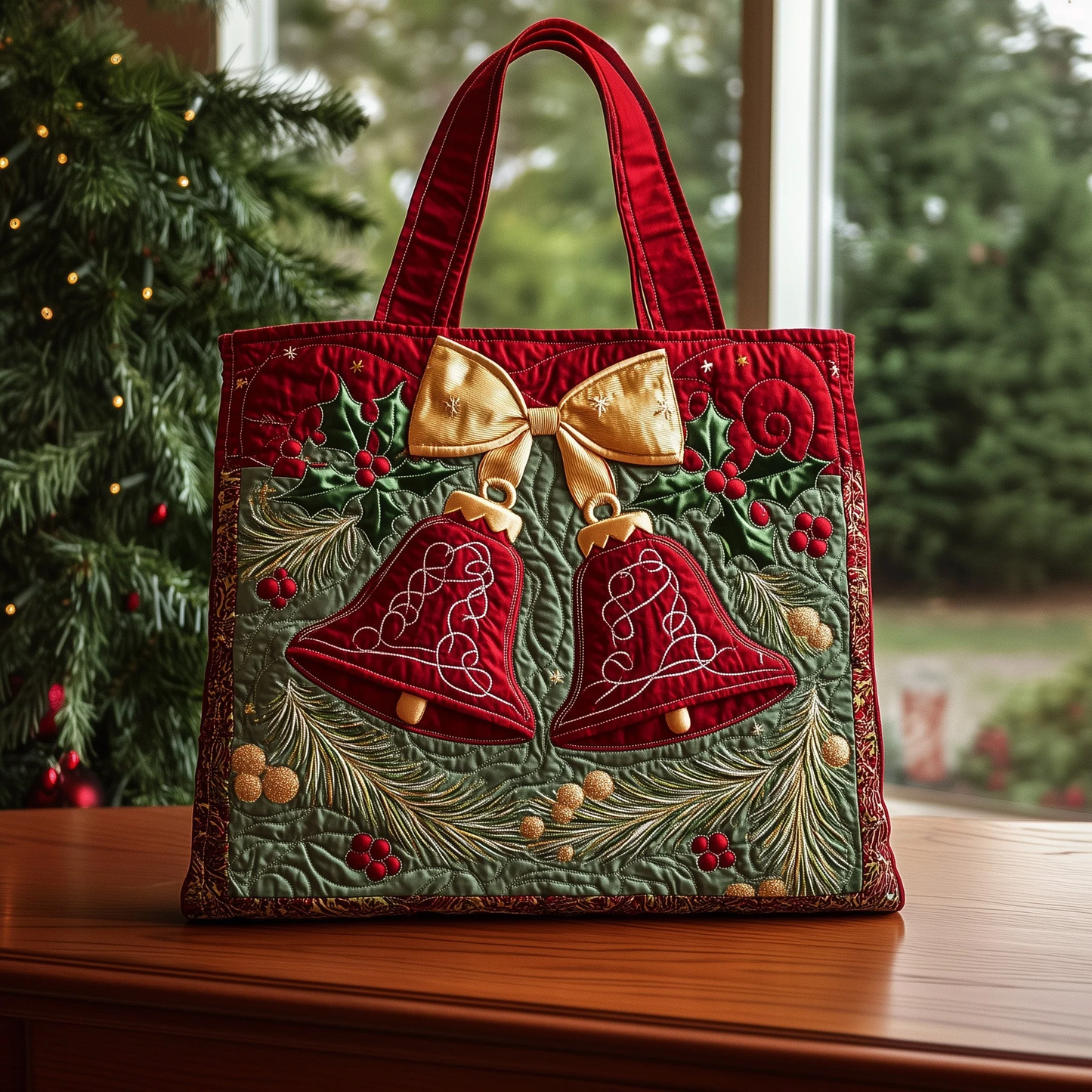 Christmas Red Bells Series Quilted Tote Bag Christmas bag