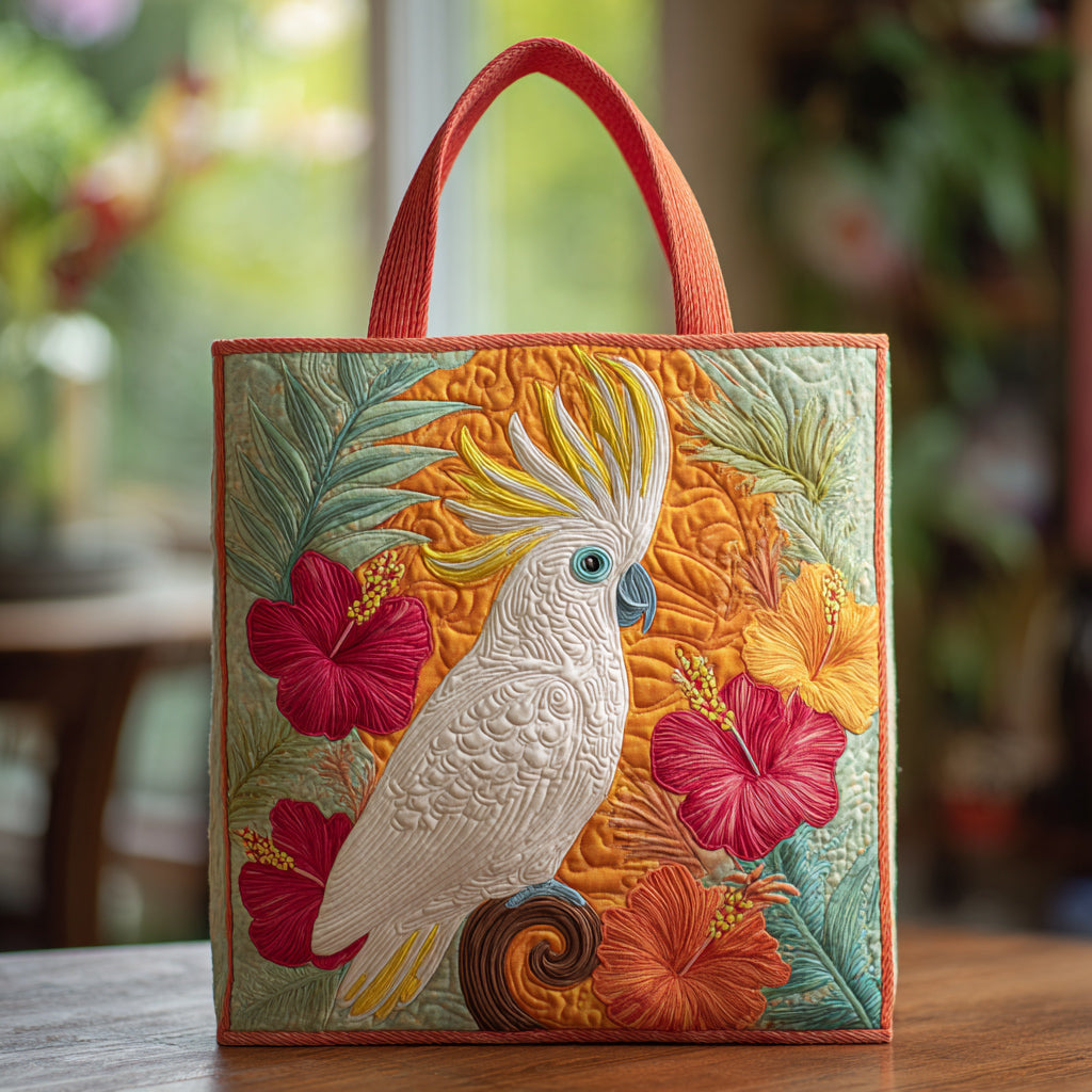 Cockatoo Hibiscus Flowers Quilted Tote  Bag  Featured