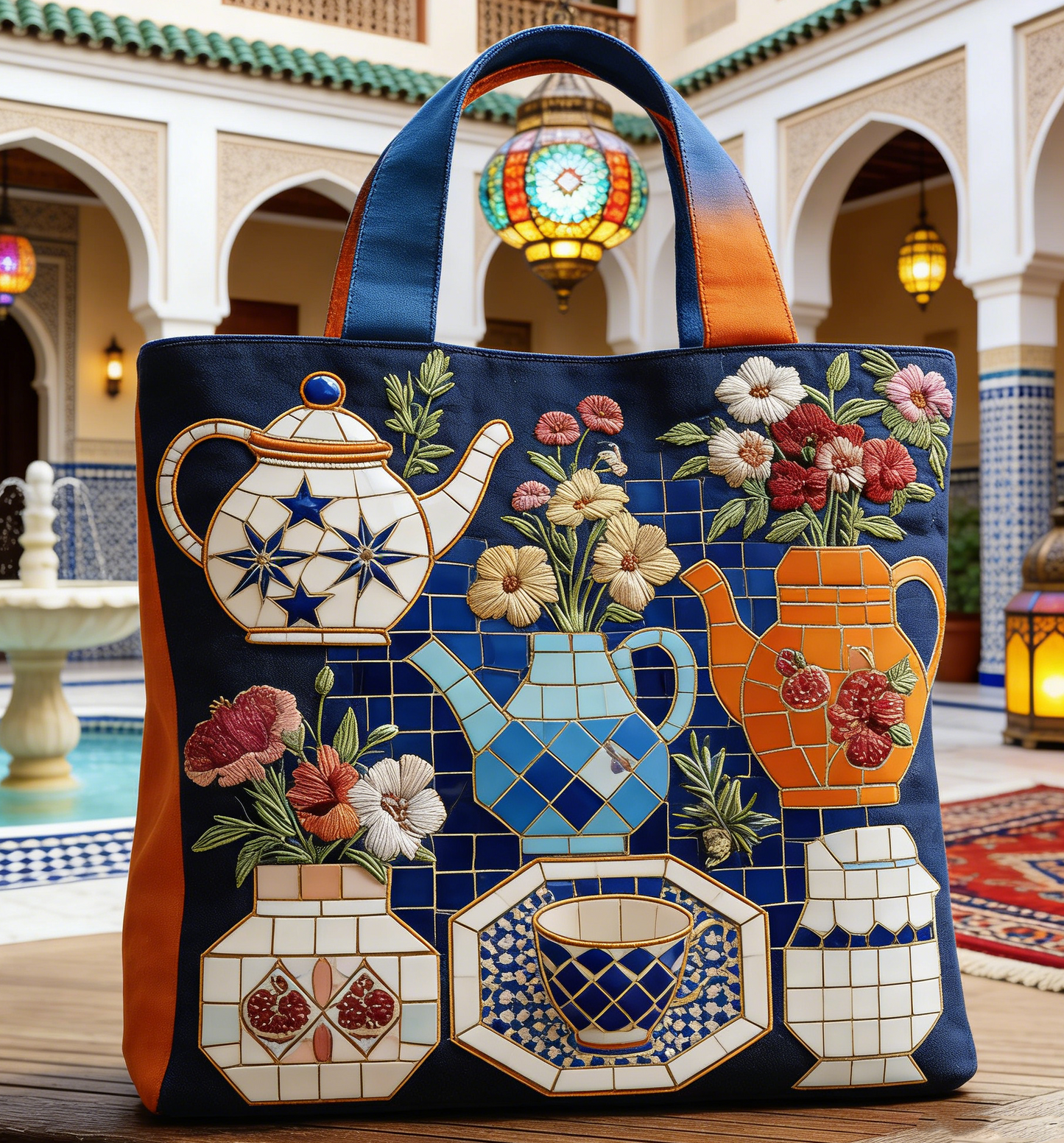 Riad Tea Set Quilted Tote Bag