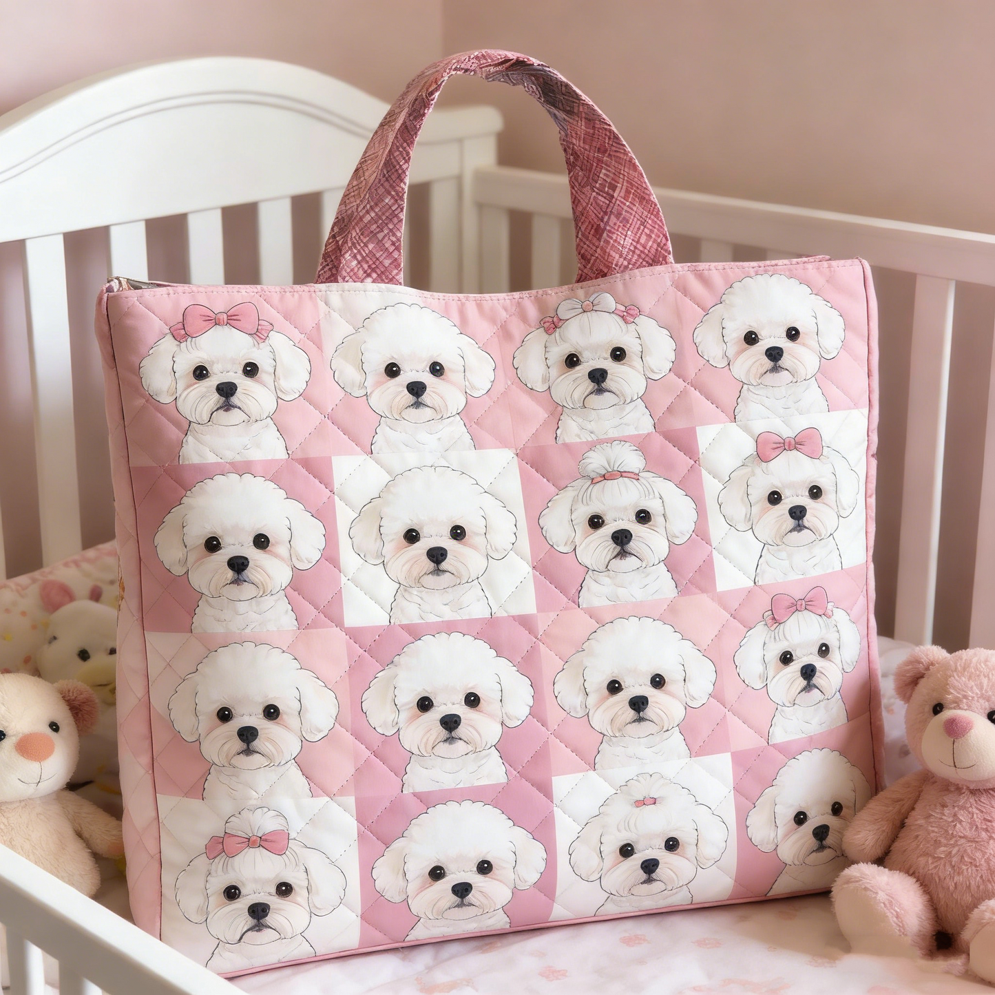 Pink Bow Bichon Quilted Tote Bag
