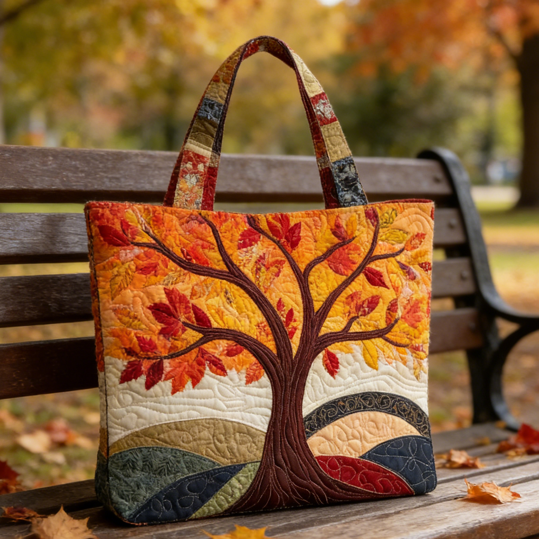 Warm Autumn Maple Tree Quilted Tote Bag