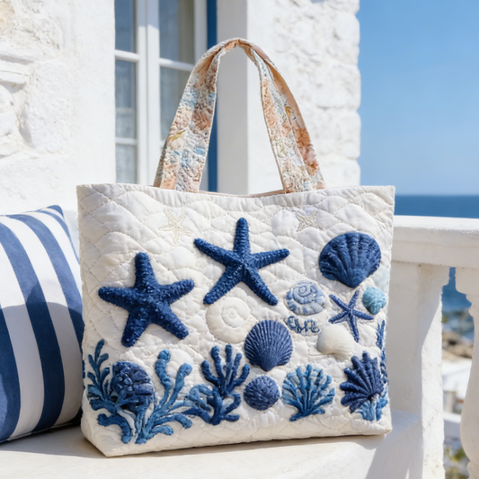 Blue Starfish Seashell Quilted Tote Bag