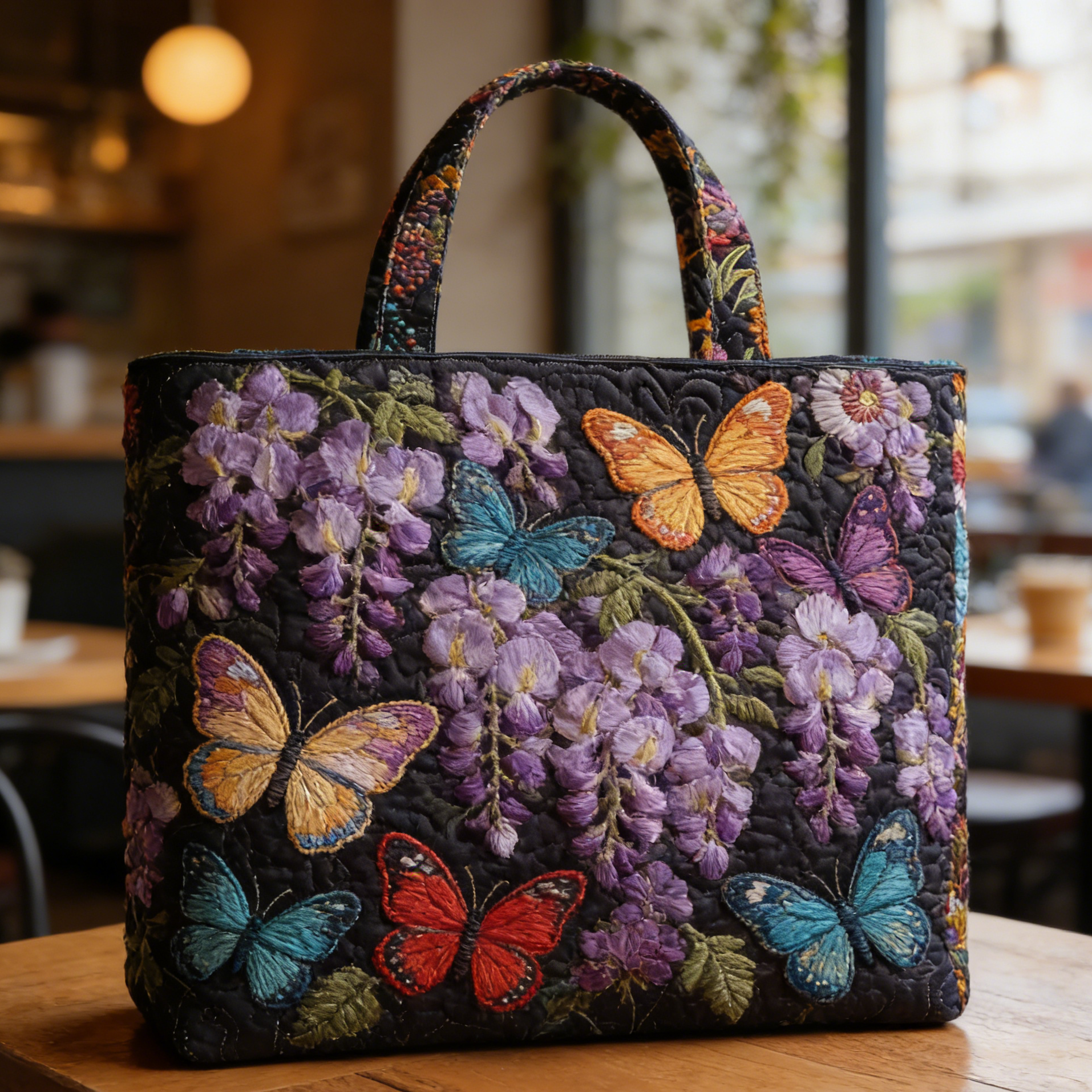 Wisteria-Butterfly Quilted Tote Bag