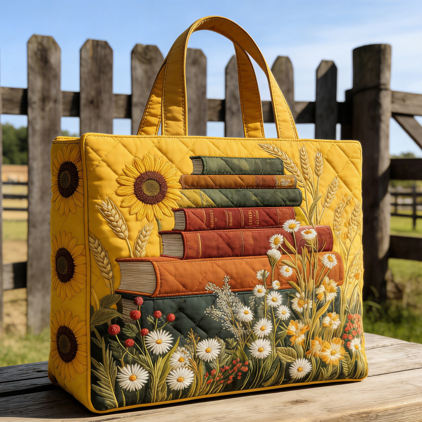 Sunflower Book Stack Quilted Tote Bag
