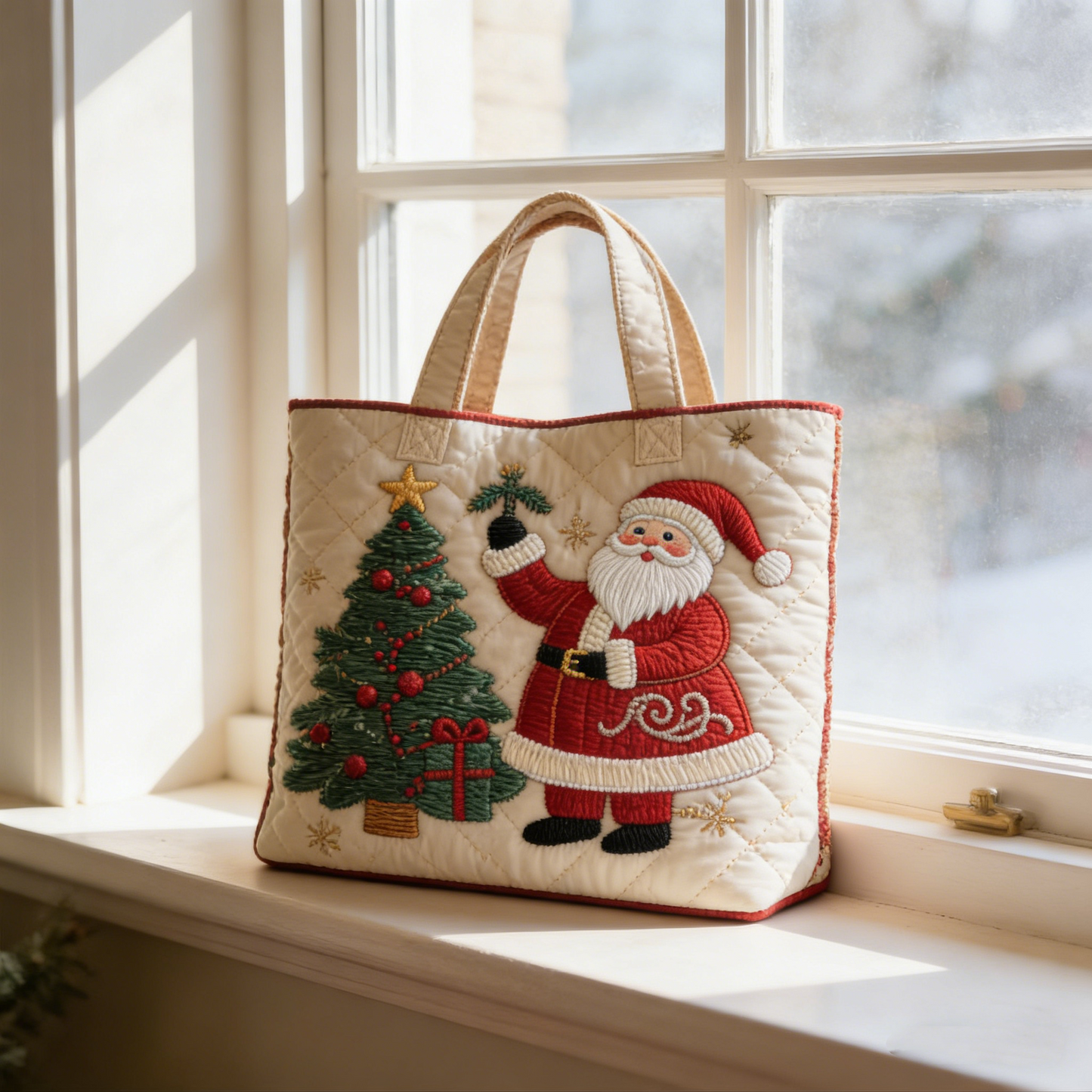 Quilted Santa & Christmas Tree Tote Bag: Festive Embroidered Style for Holiday Days Quilted Tote Bag