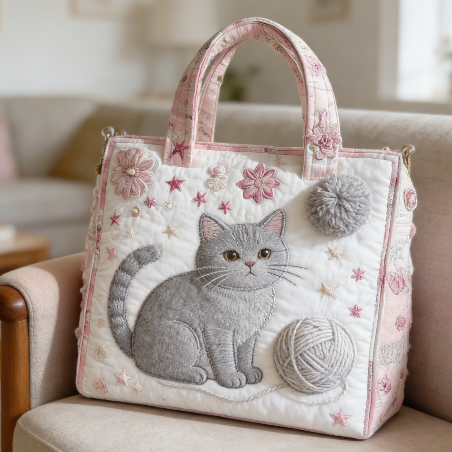 Gray Cat & Yarn Quilted Tote Bag