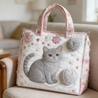 Gray Cat & Yarn Quilted Tote Bag