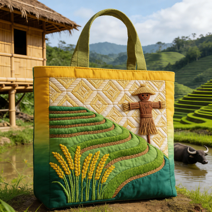 Tropical Rice Terrace Embroidery Canvas Tote Bag