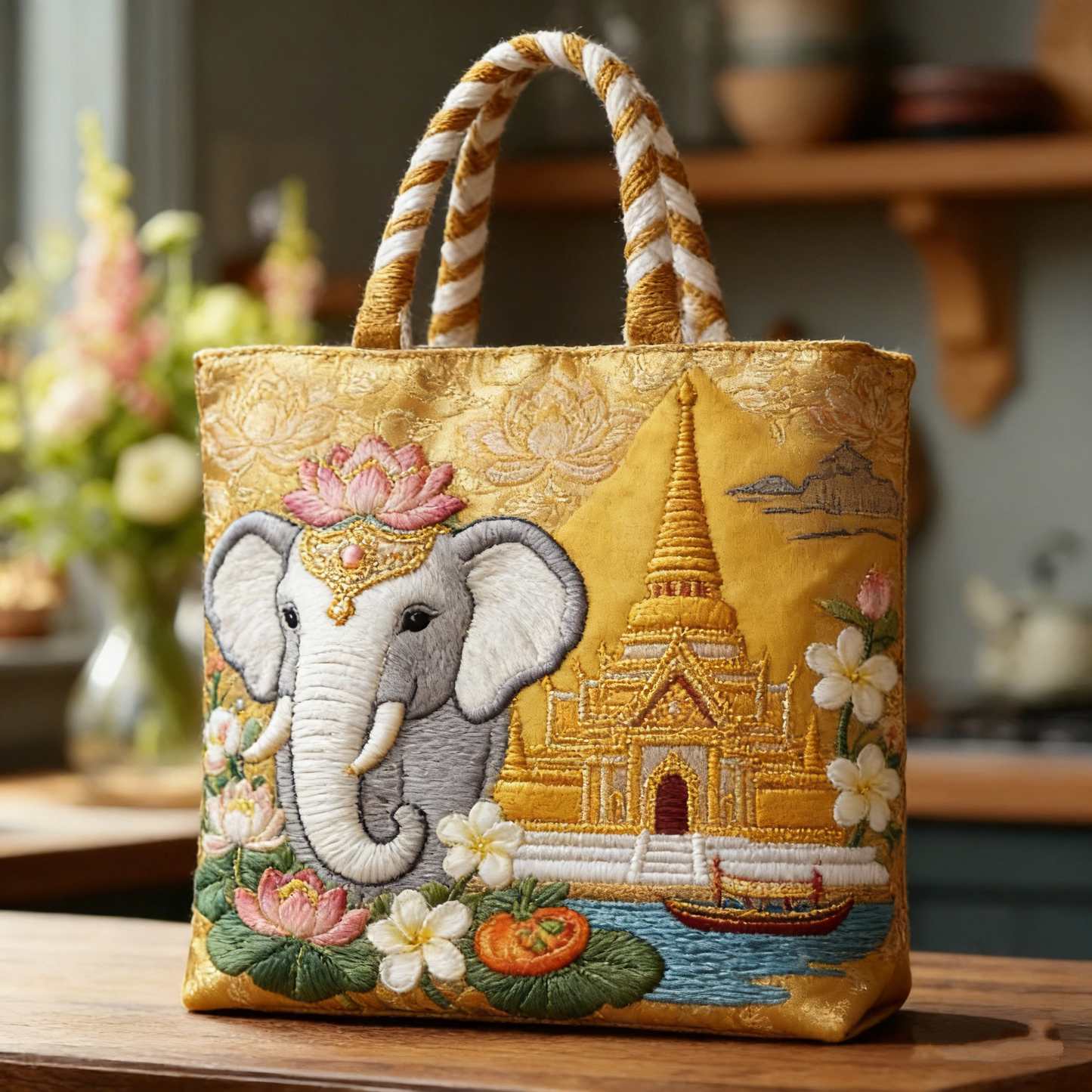 Thai Elephant & Golden Temple Canvas Tote Bag