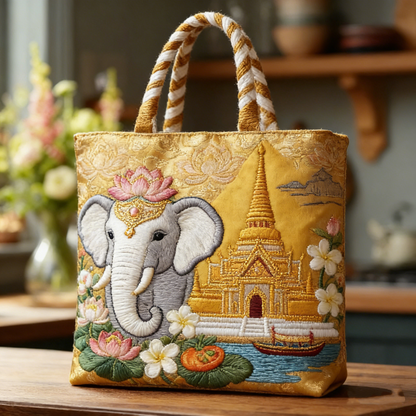 Thai Elephant & Golden Temple Canvas Tote Bag