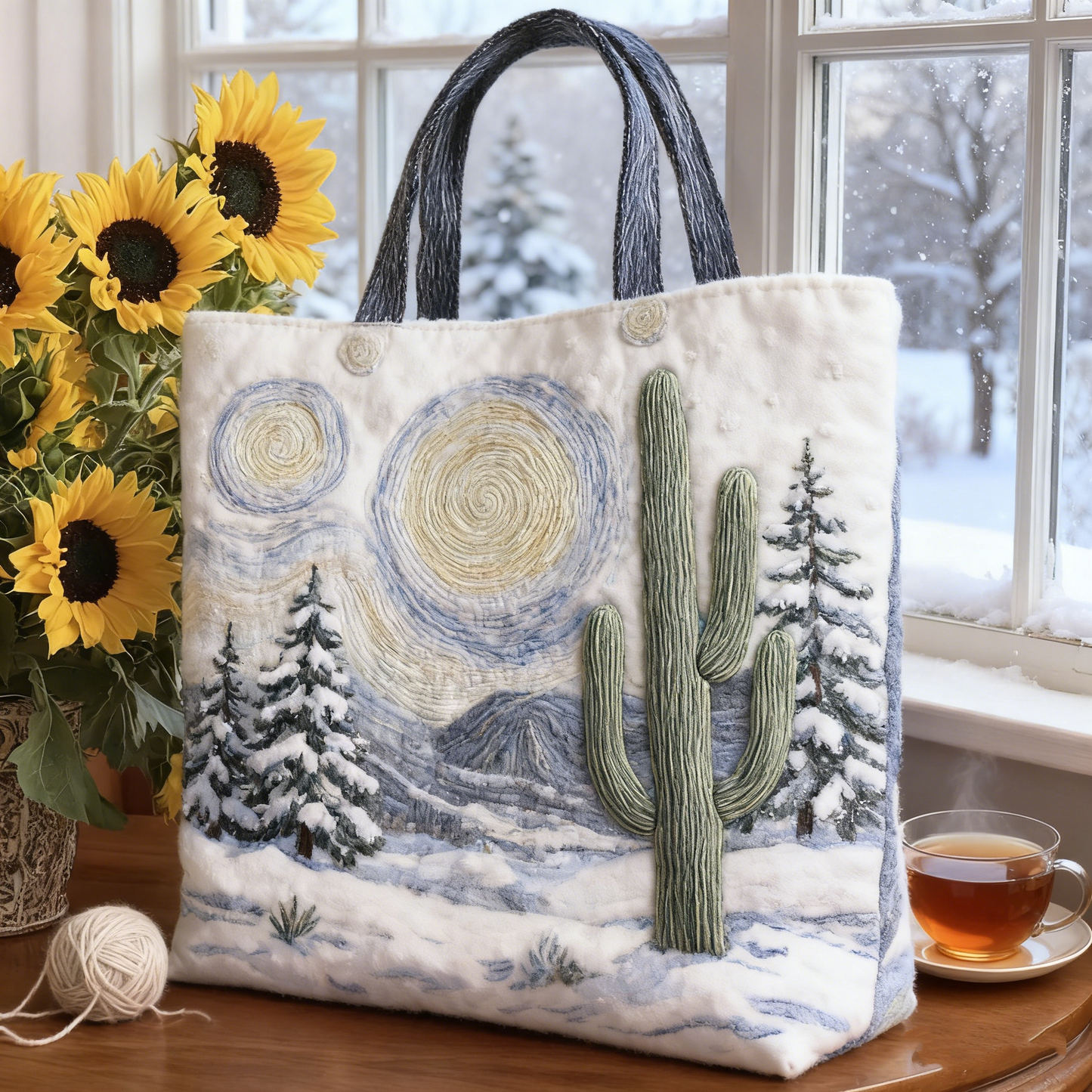 Embroidered Snowy Starry Night Tote Bag