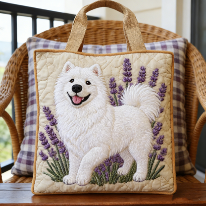 Beige Samoyed Lavender Quilted Tote Bag