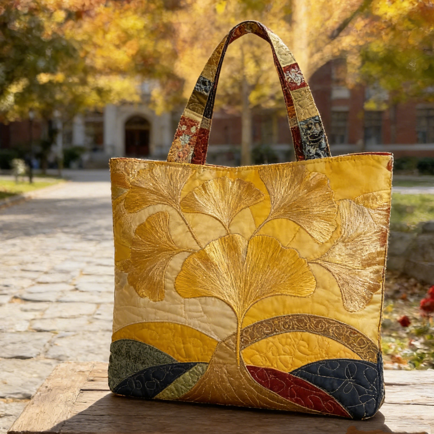 Luxe Golden Ginkgo Quilted Tote Bag