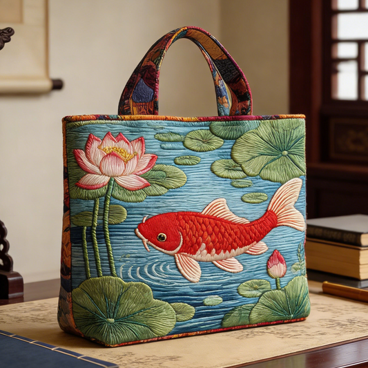 Koi Fish & Lotus Quilted Tote Bag