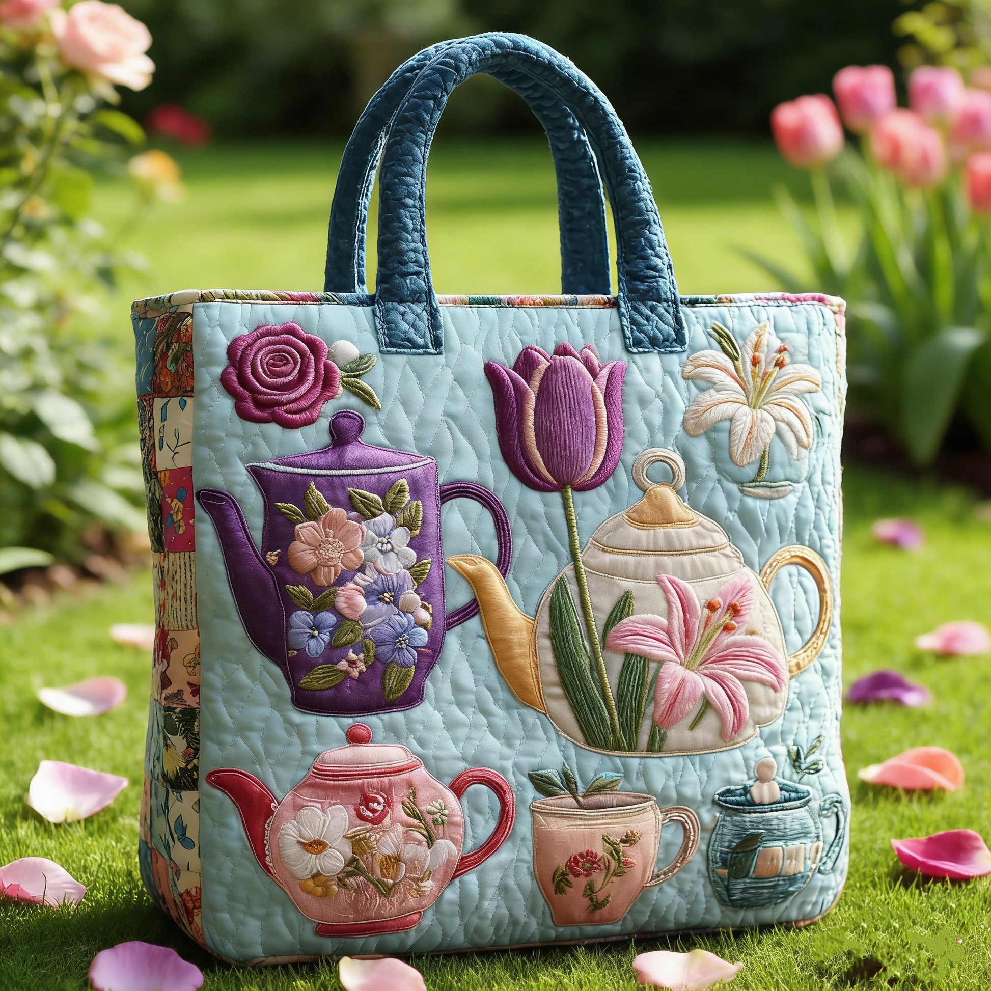 Floral Teapot Quilted Tote Bag