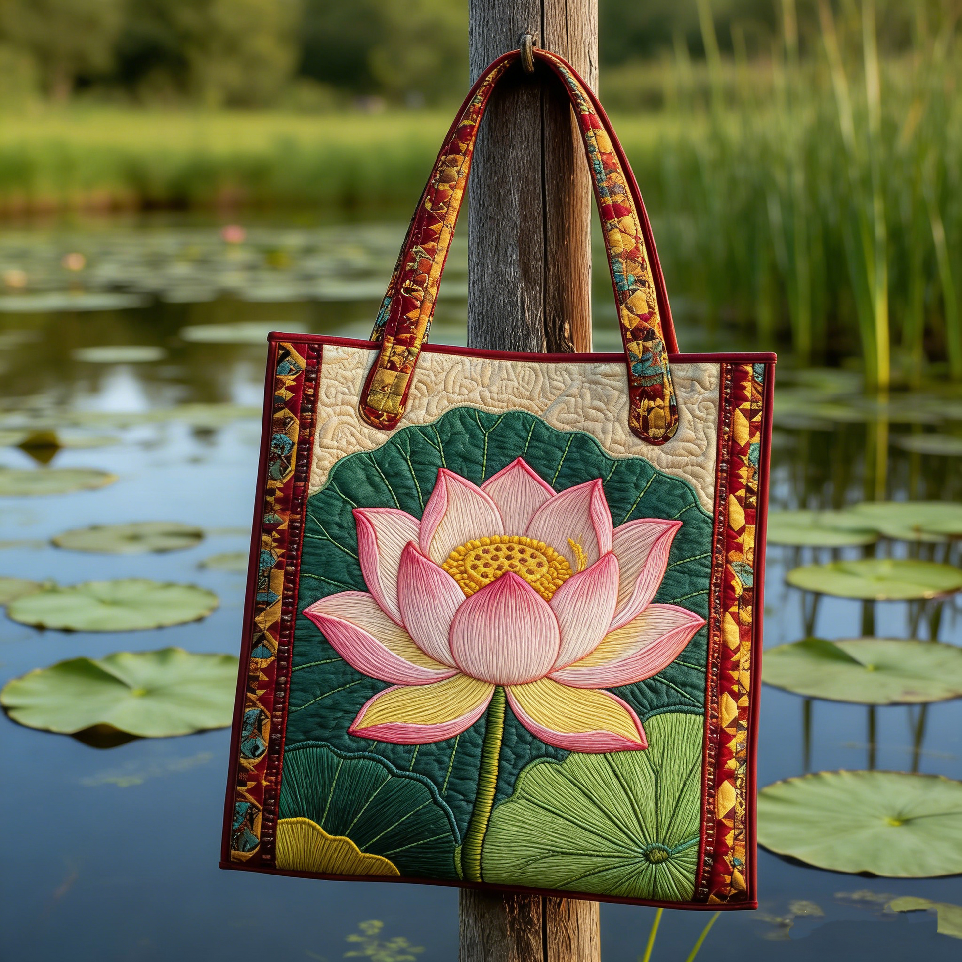 Pink Lotus Quilted Tote Bag