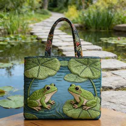Pond Frog & Water Lily Quilted Tote Bag