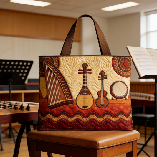 Stitched Instrument Pattern Quilted Tote Bag