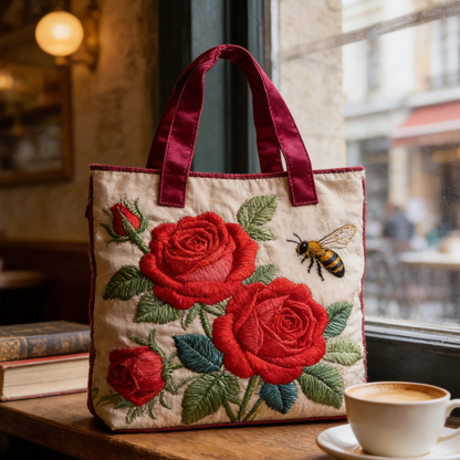 Vintage Rose & Bee Embroidered Canvas Tote Bag
