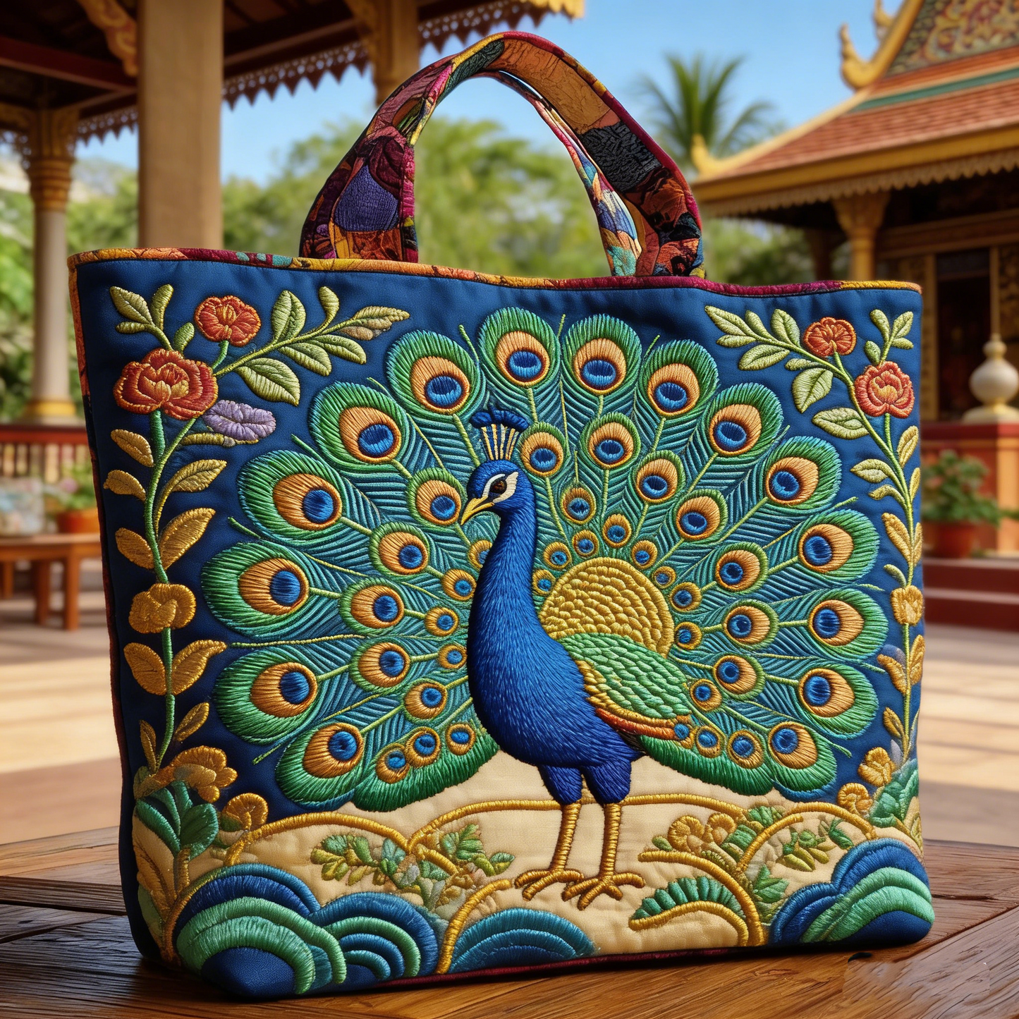 Peacock Floral Quilted Tote Bag