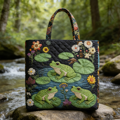 Creek Frog-Water Lily Quilted Tote Bag