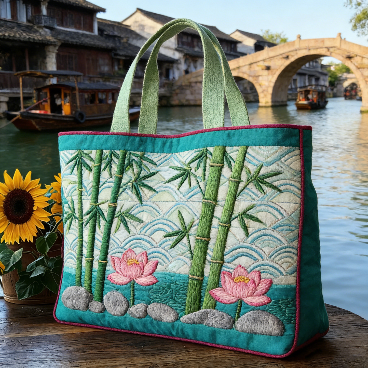 Oriental Water Town Embroidery Canvas Tote Bag