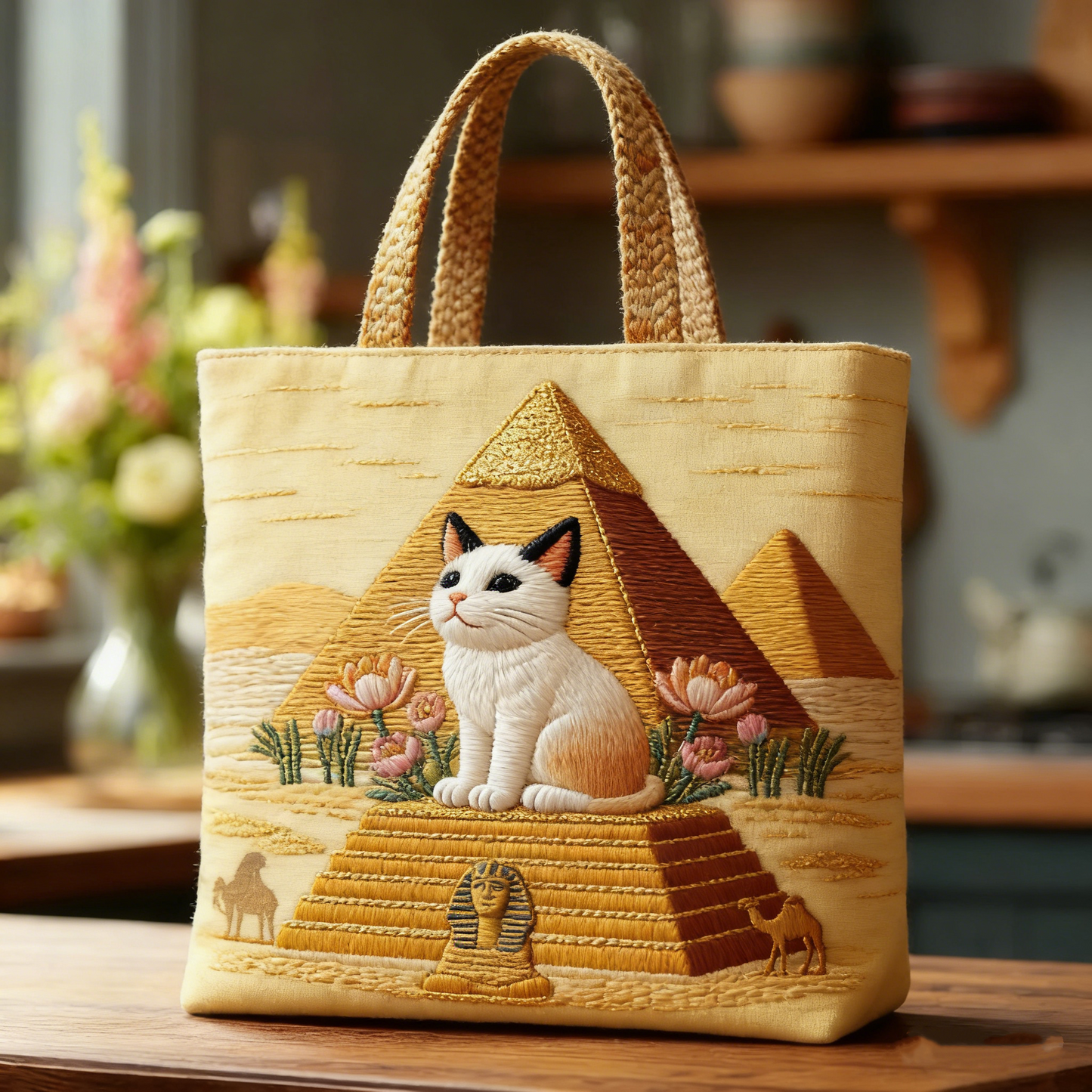 Egyptian Cat & Pyramid Desert Tote Bag