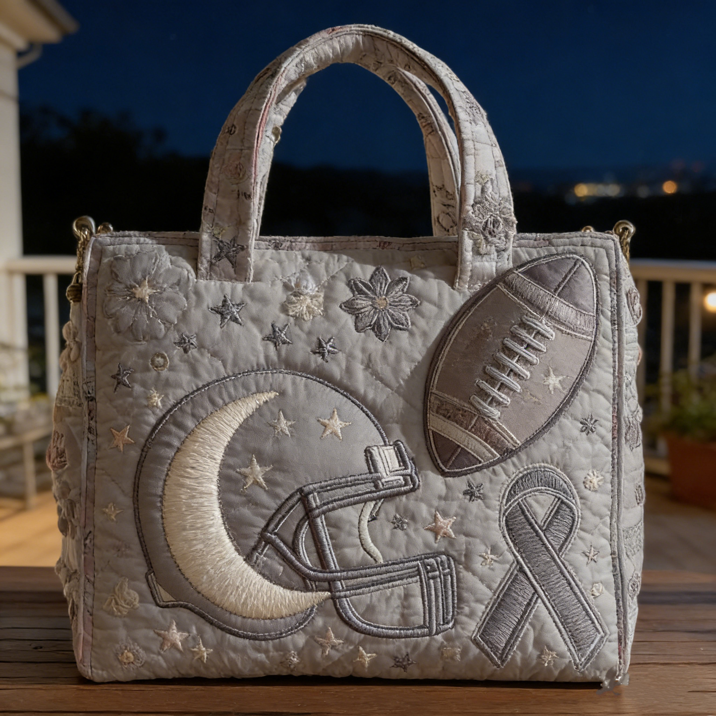 Neutral Football & Gray Ribbon Quilted Tote Bag KX51100