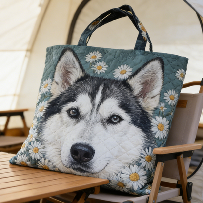 Camping Husky Quilted Tote Bag