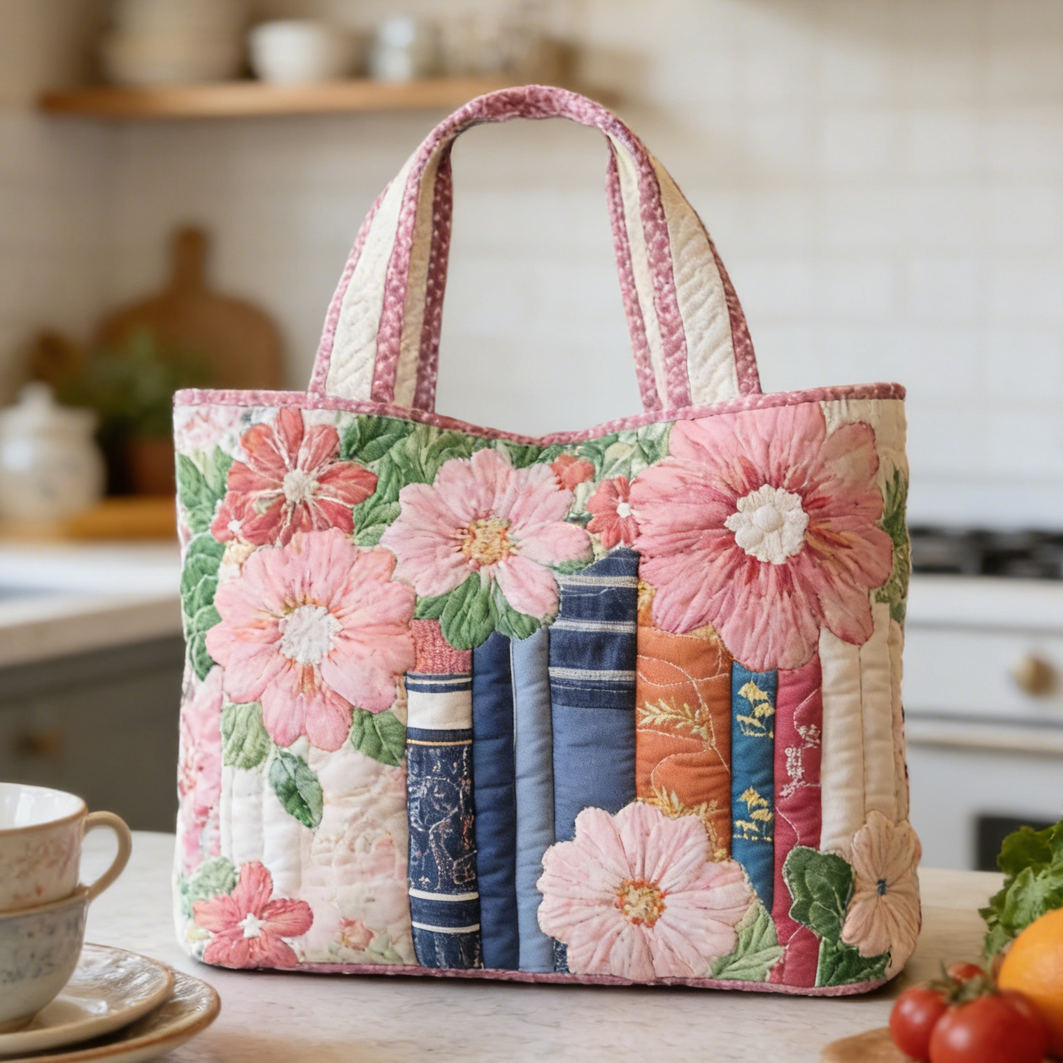 Pink Floral Book Quilted Tote Bag