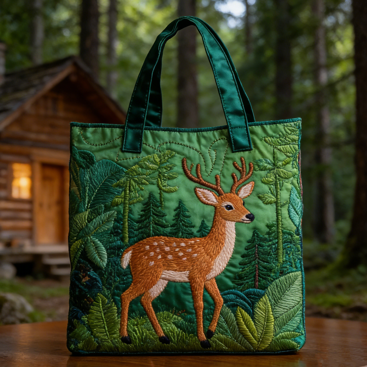 Woodland Deer Embroidered Quilted Tote Bag