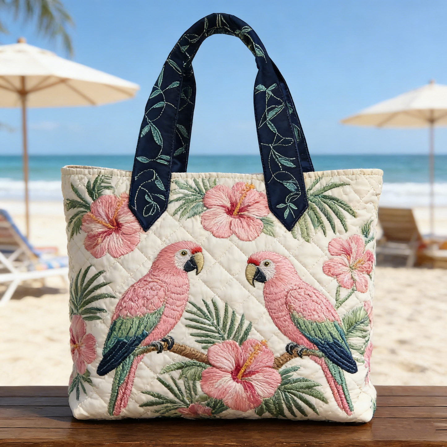 Pink Parrot & Hibiscus Quilted Tote Bag