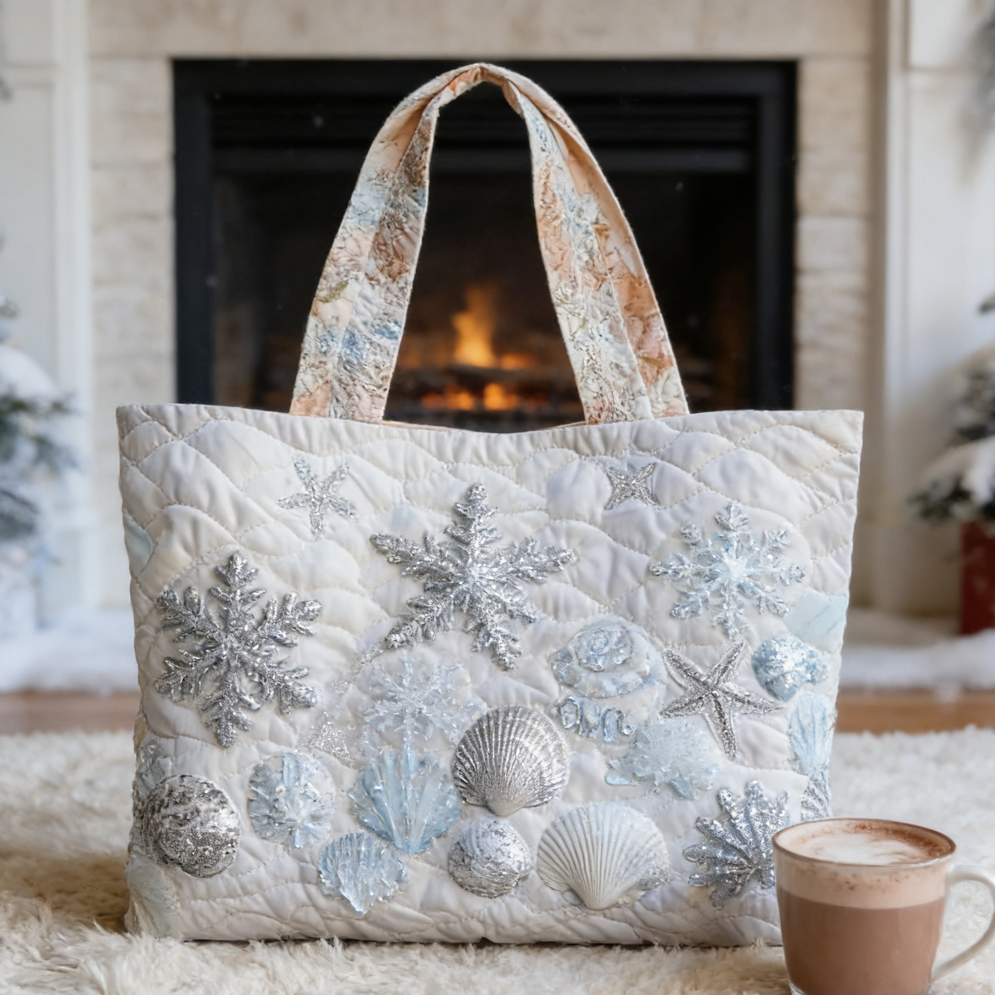 Frosted Snowflake Starfish Quilted Tote Bag