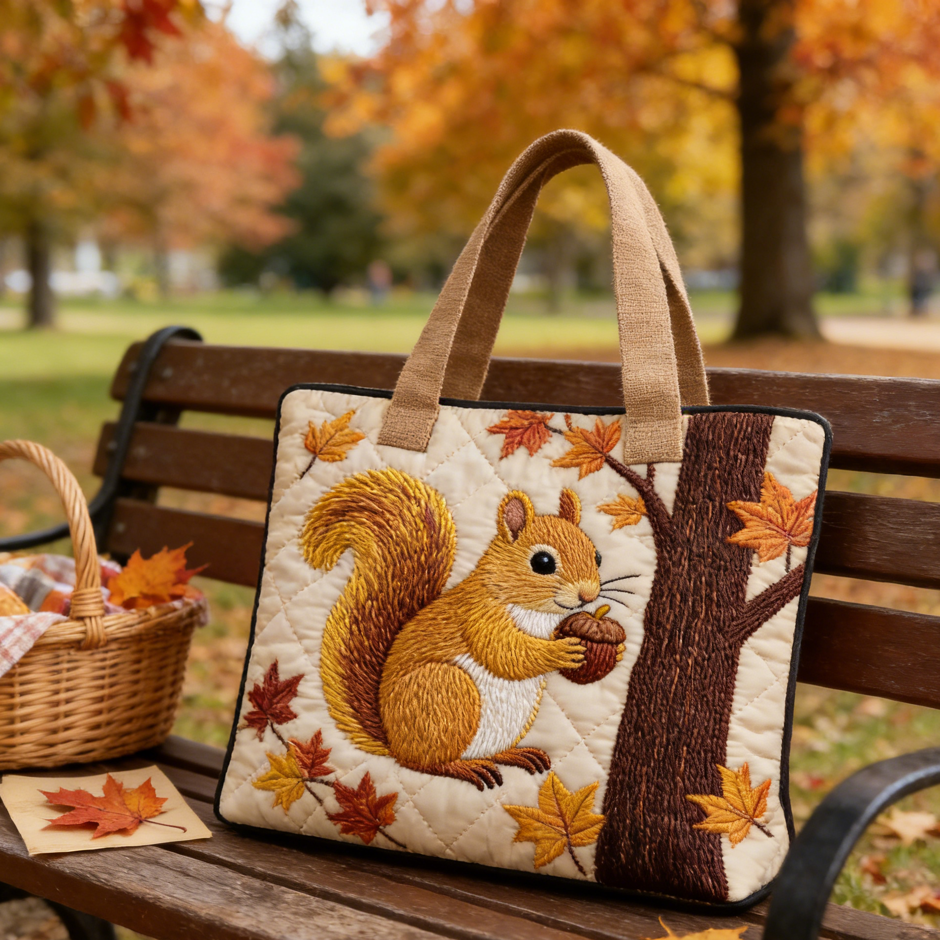 Fall Forest Squirrel Quilted Tote Bag