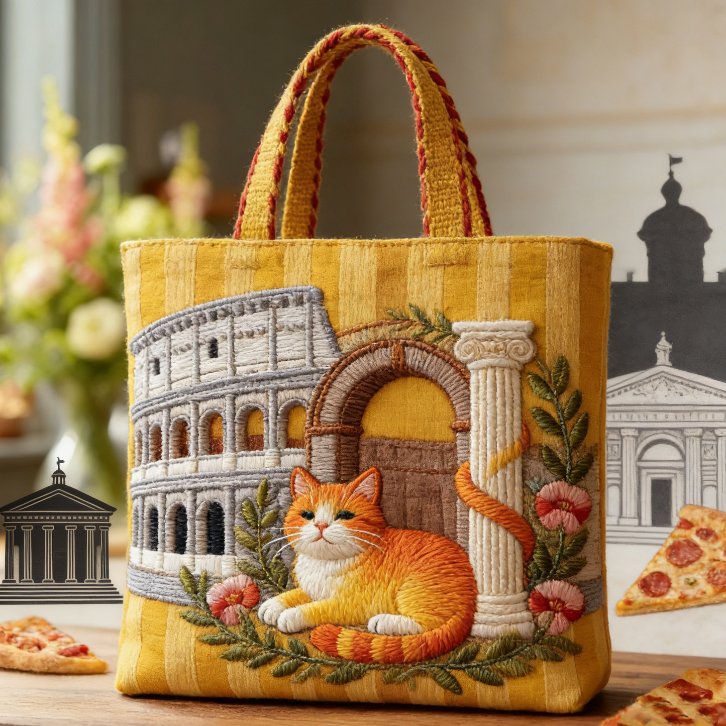 Quilted Roman Colosseum & Cat Tote Bag Quilted Tote Bag