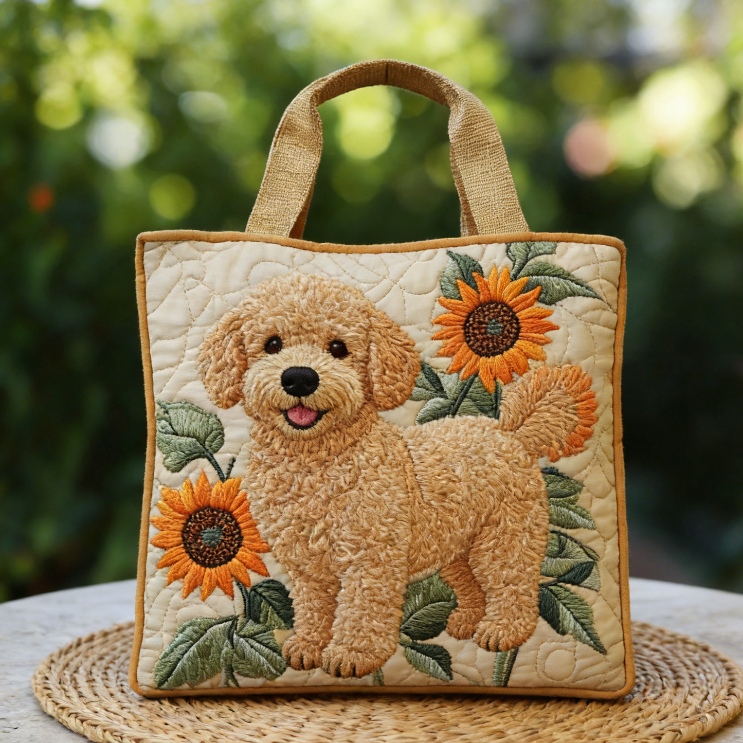 Beige Poodle Sunflower Quilted Tote Bag