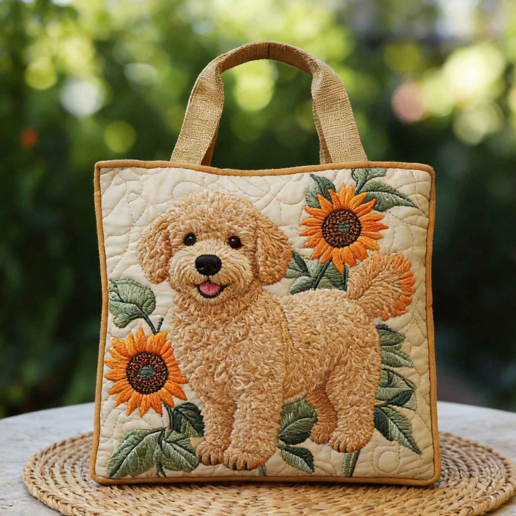 Beige Poodle Sunflower Quilted Tote Bag