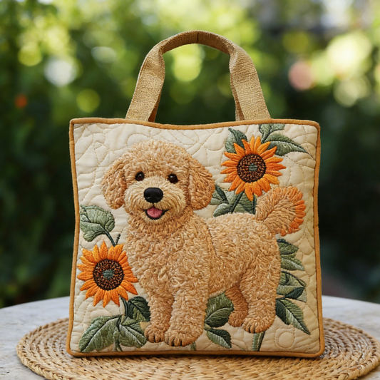 Beige Poodle Sunflower Quilted Tote Bag