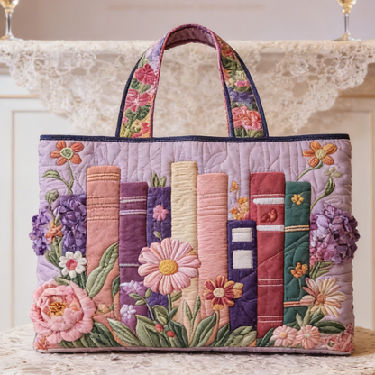 Pastel Book & Floral Quilted Tote Bag