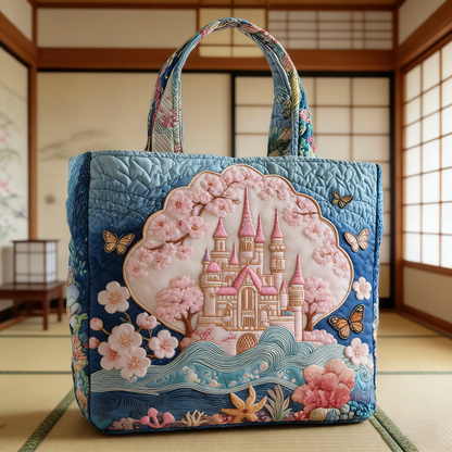 Cherry Blossom Castle Quilted Tote Bag