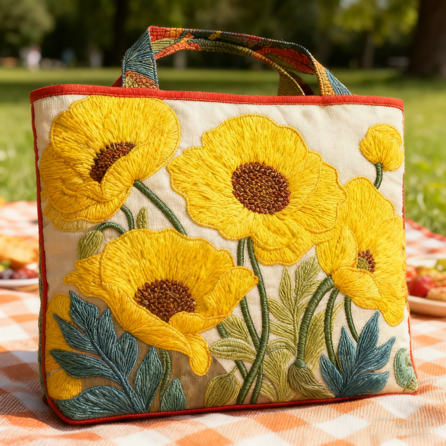 Embroidered Yellow Poppy Tote Bag