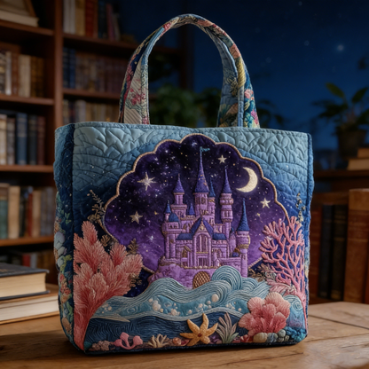 Starry Night Castle Quilted Tote Bag