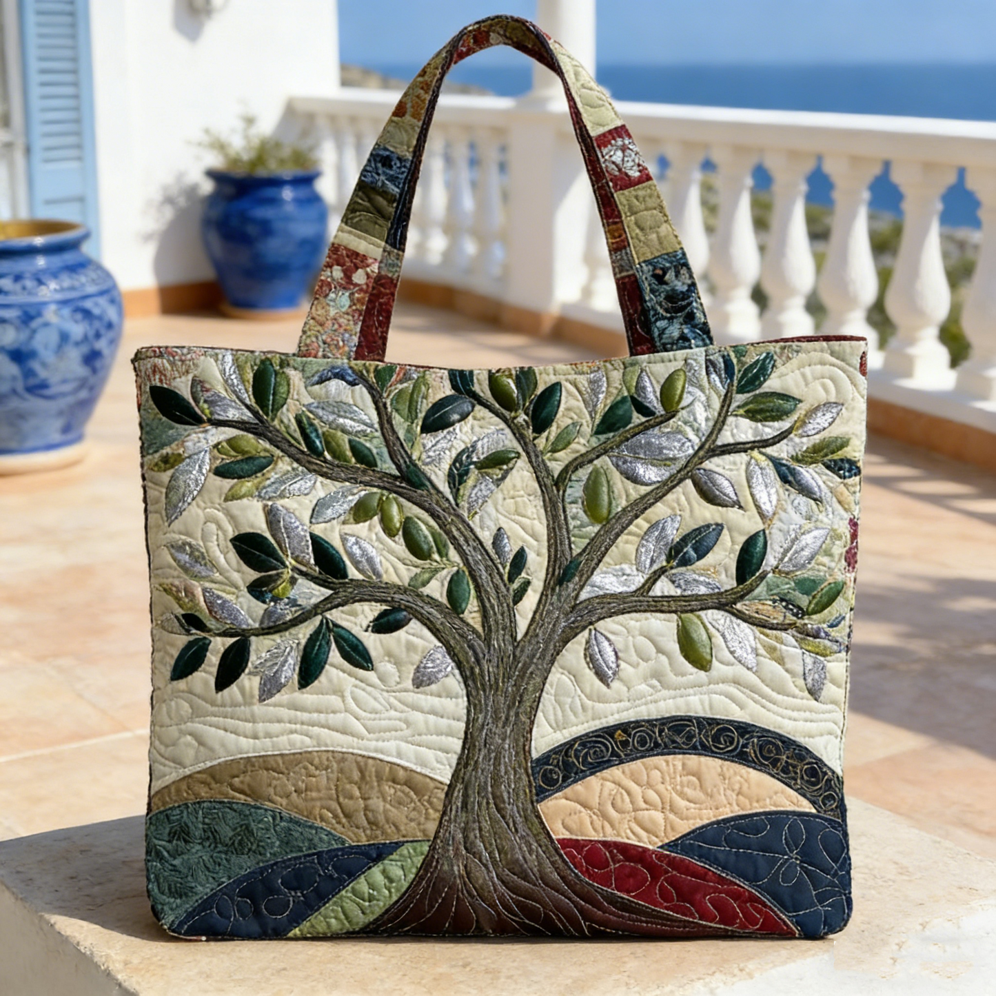 Sunny Olive Grove Quilted Tote Bag