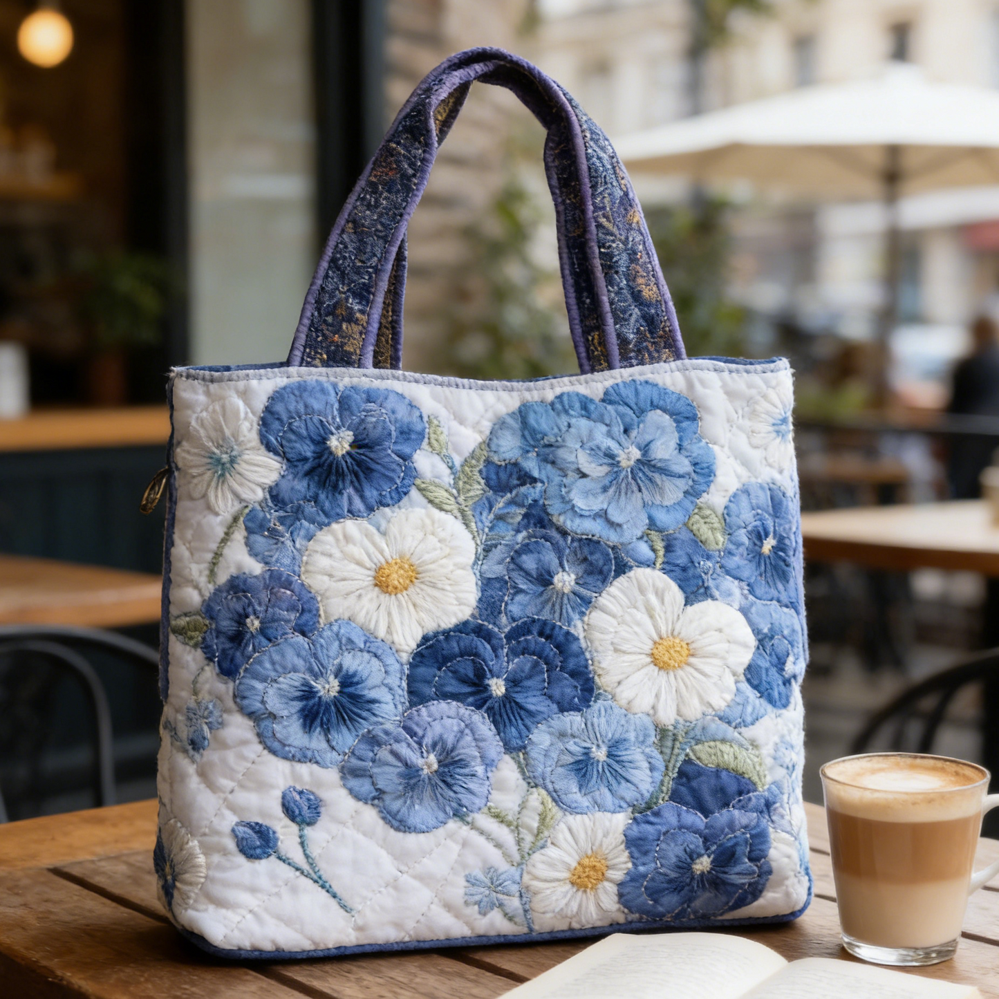 Blue & White Floral Quilted Tote Bag