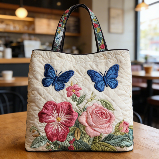 Butterfly-Floral Quilted Tote Bag