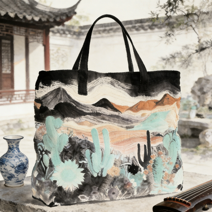 Oriental Ink-Cactus Quilted Tote Bag