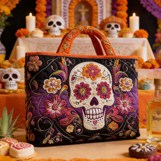 Floral Sugar Skull Quilted Tote Bag